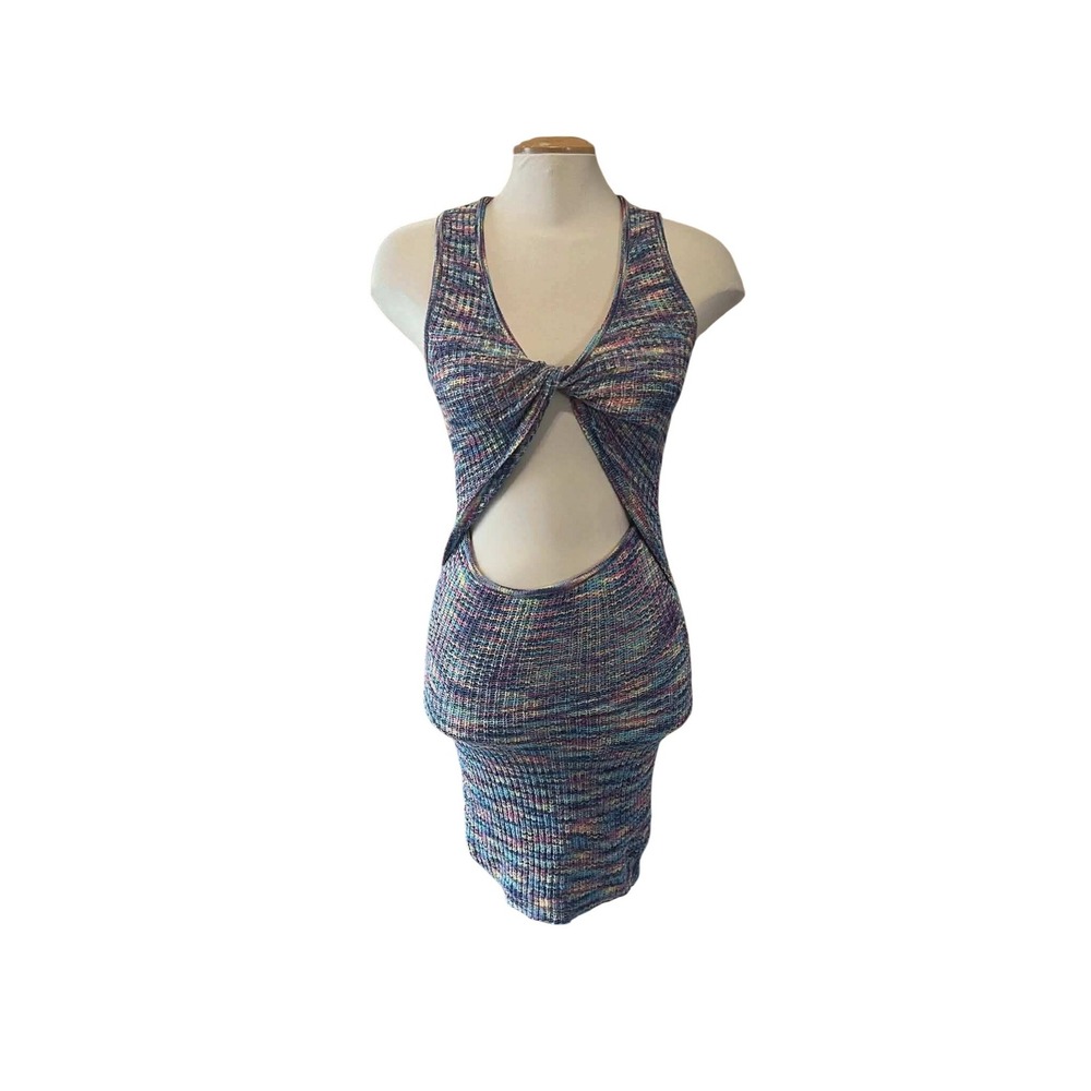 Space Dye Knit Cutout Mini Dress Multi Color Twist Front Sleeveless‎ Bodycon